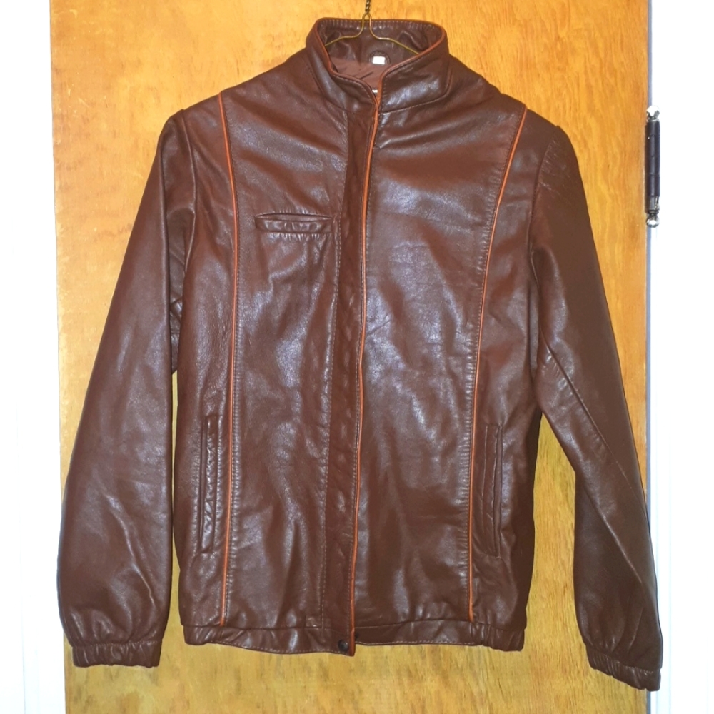 Vintage ladies leather jacket brown with orange piping sz xs